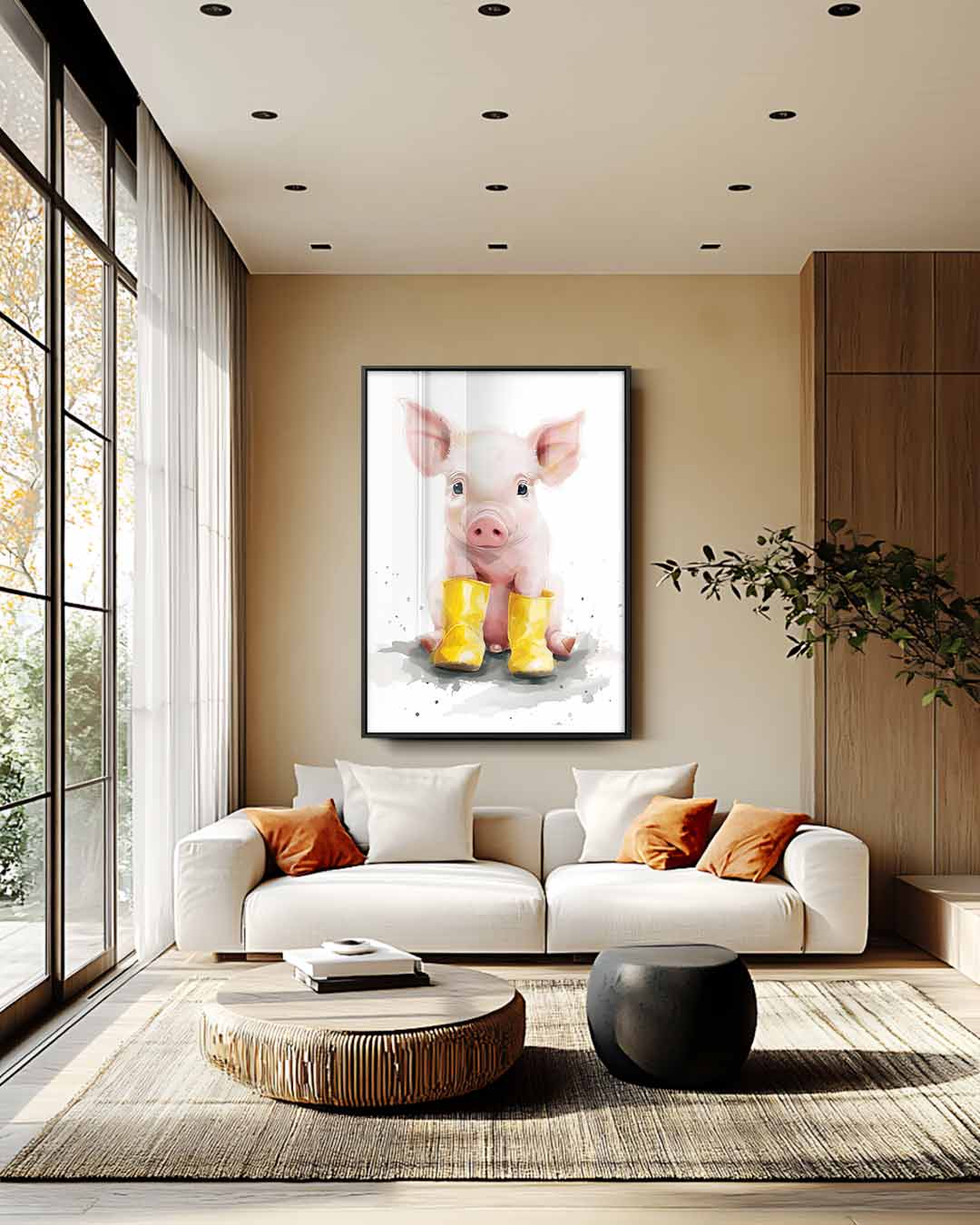 Vrolijk Biggetje in Gele Regenlaarsjes Kunstwerk-canvas-dibond-plexiglas-wanddecoratie-WallArtistic