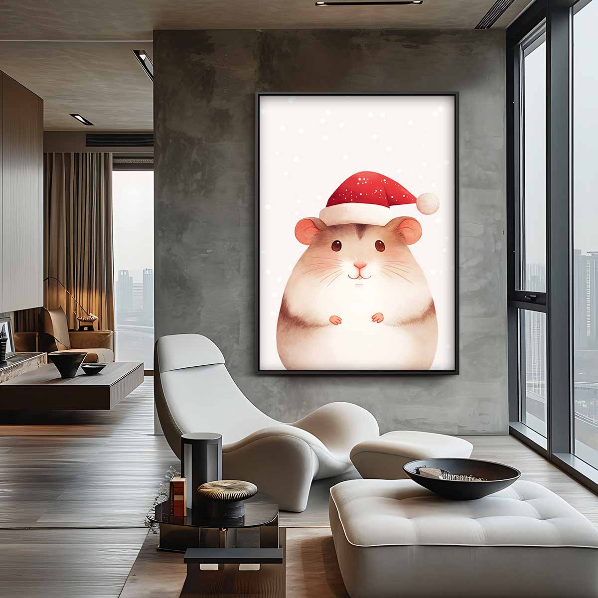 Kersthamster met Kerstmuts Kunstwerk-canvas-dibond-plexiglas-wanddecoratie-WallArtistic