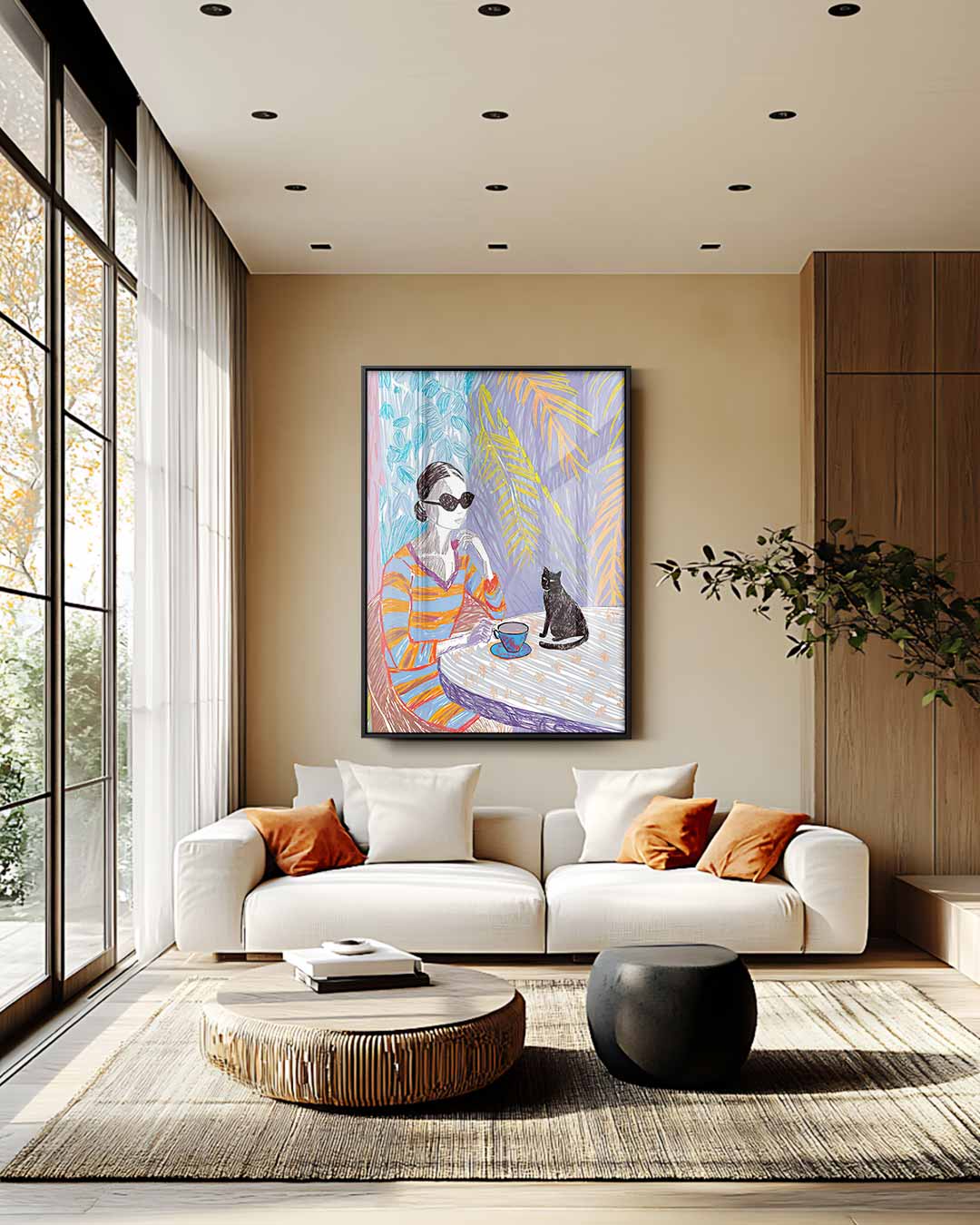 Ontspanmomentje met Koffie en Kat Kunstwerk-canvas-dibond-plexiglas-wanddecoratie-WallArtistic