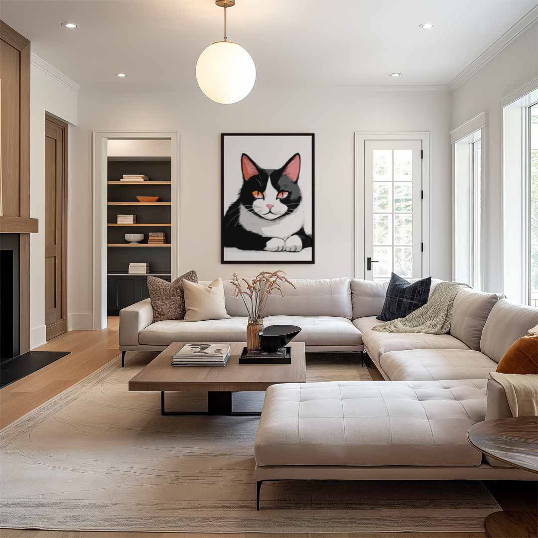 Relaxte Kat in Stijlvolle Zwart-Wit Illustratie Kunstwerk-canvas-dibond-plexiglas-wanddecoratie-WallArtistic