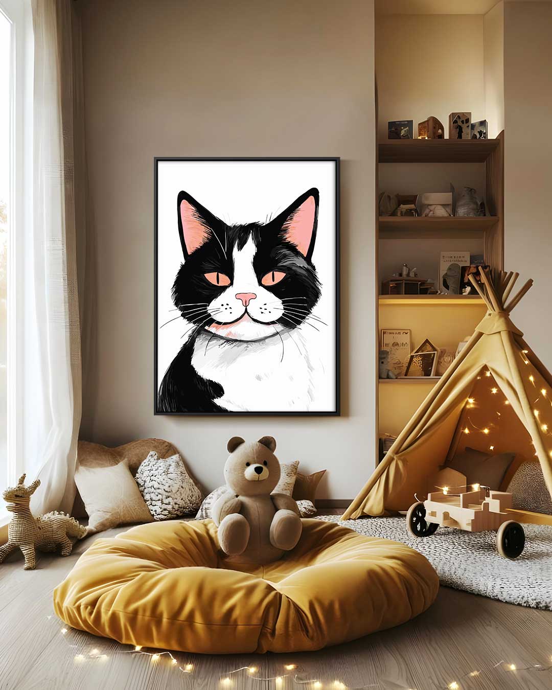 Vrolijke Kattenillustratie Kunstwerk-canvas-dibond-plexiglas-wanddecoratie-WallArtistic
