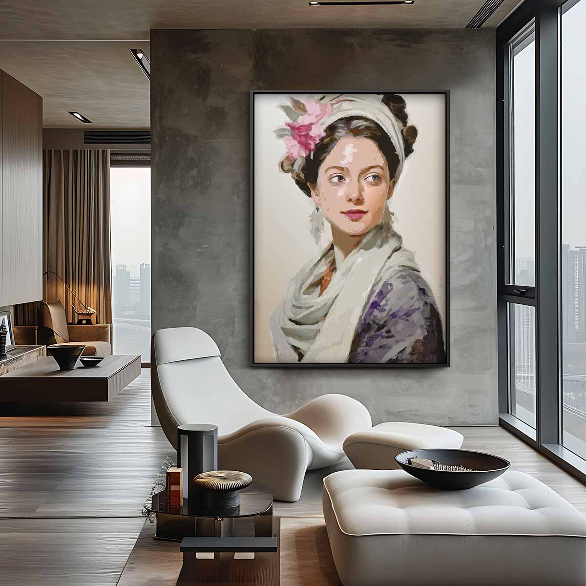 Elegant portret van vrouw met bloem Kunstwerk-canvas-dibond-plexiglas-wanddecoratie-WallArtistic