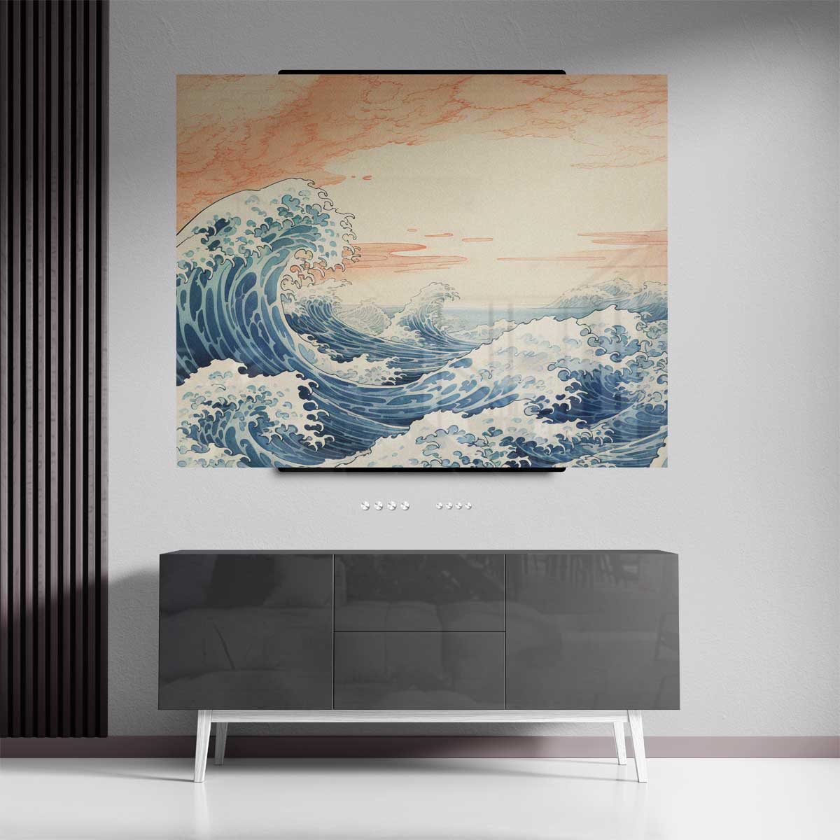 Dynamische Zeegolven Onder een Perzikkleurige Hemel Kunstwerk-canvas-dibond-plexiglas-wanddecoratie-WallArtistic