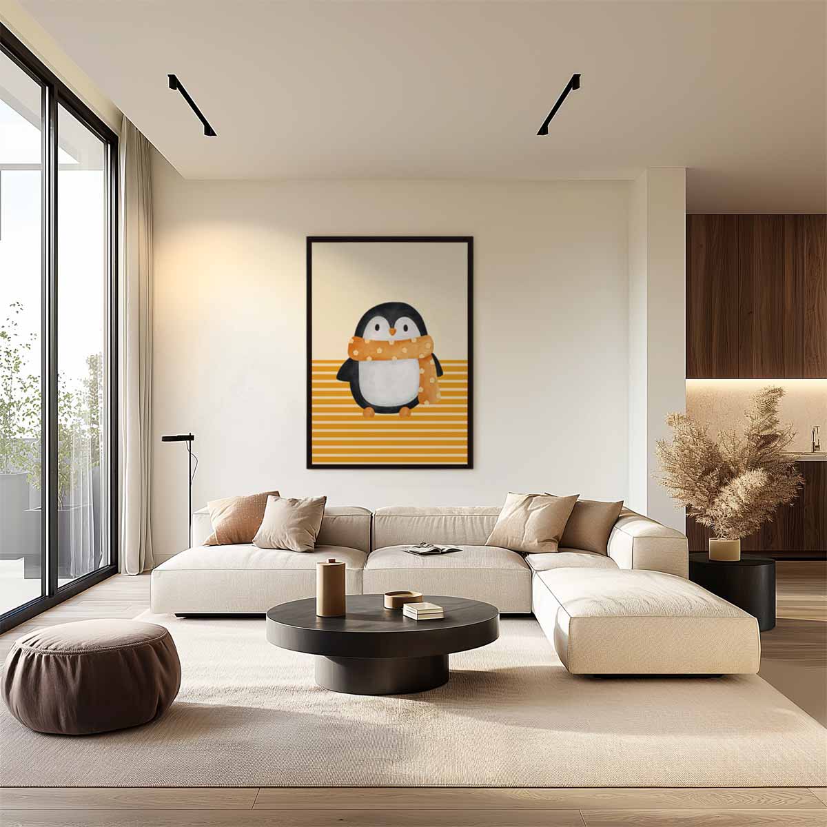 Schattige Pinguïn met Sjaal Illustratie Kunstwerk-canvas-dibond-plexiglas-wanddecoratie-WallArtistic