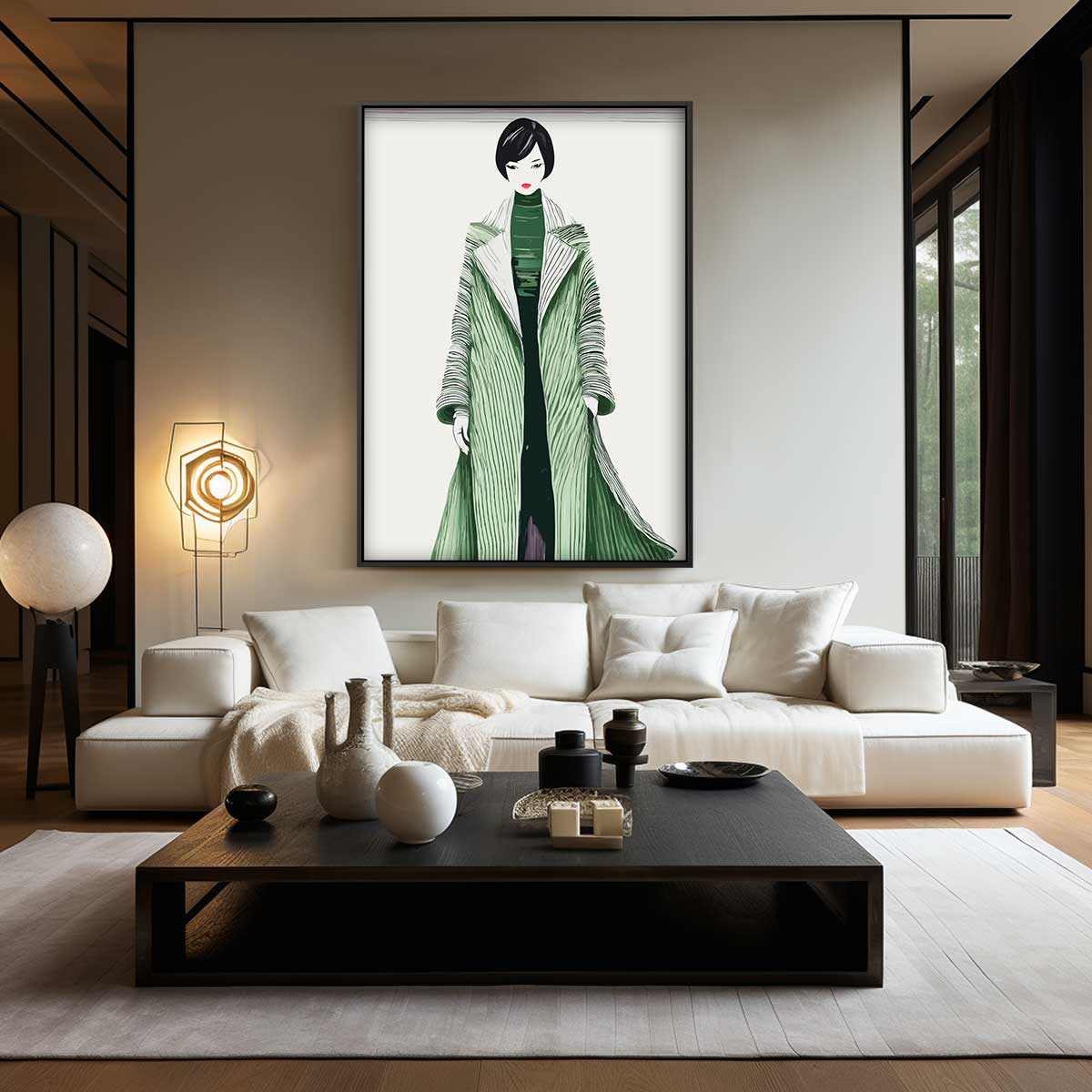 Moderne Modekunst met Groene Jas Kunstwerk-canvas-dibond-plexiglas-wanddecoratie-WallArtistic