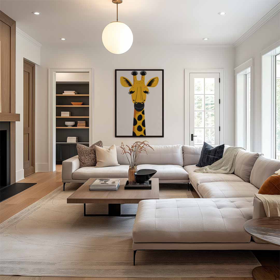 Vrolijke Giraffe Illustratie Kunstwerk-canvas-dibond-plexiglas-wanddecoratie-WallArtistic