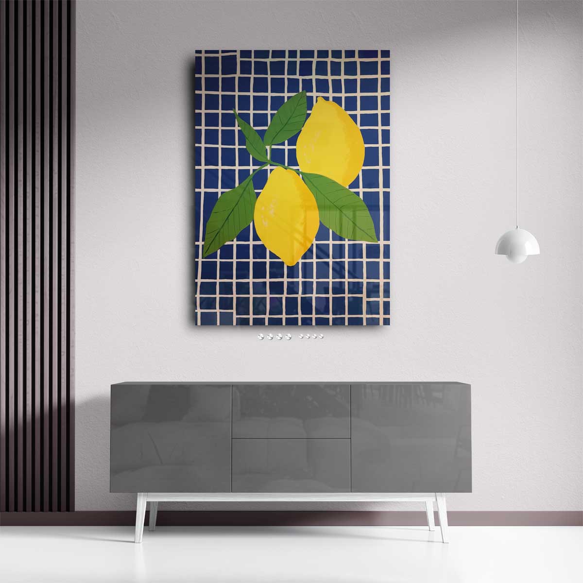 Zonnige Citroenen op Blauwe Tegel Kunstwerk-canvas-dibond-plexiglas-wanddecoratie-WallArtistic
