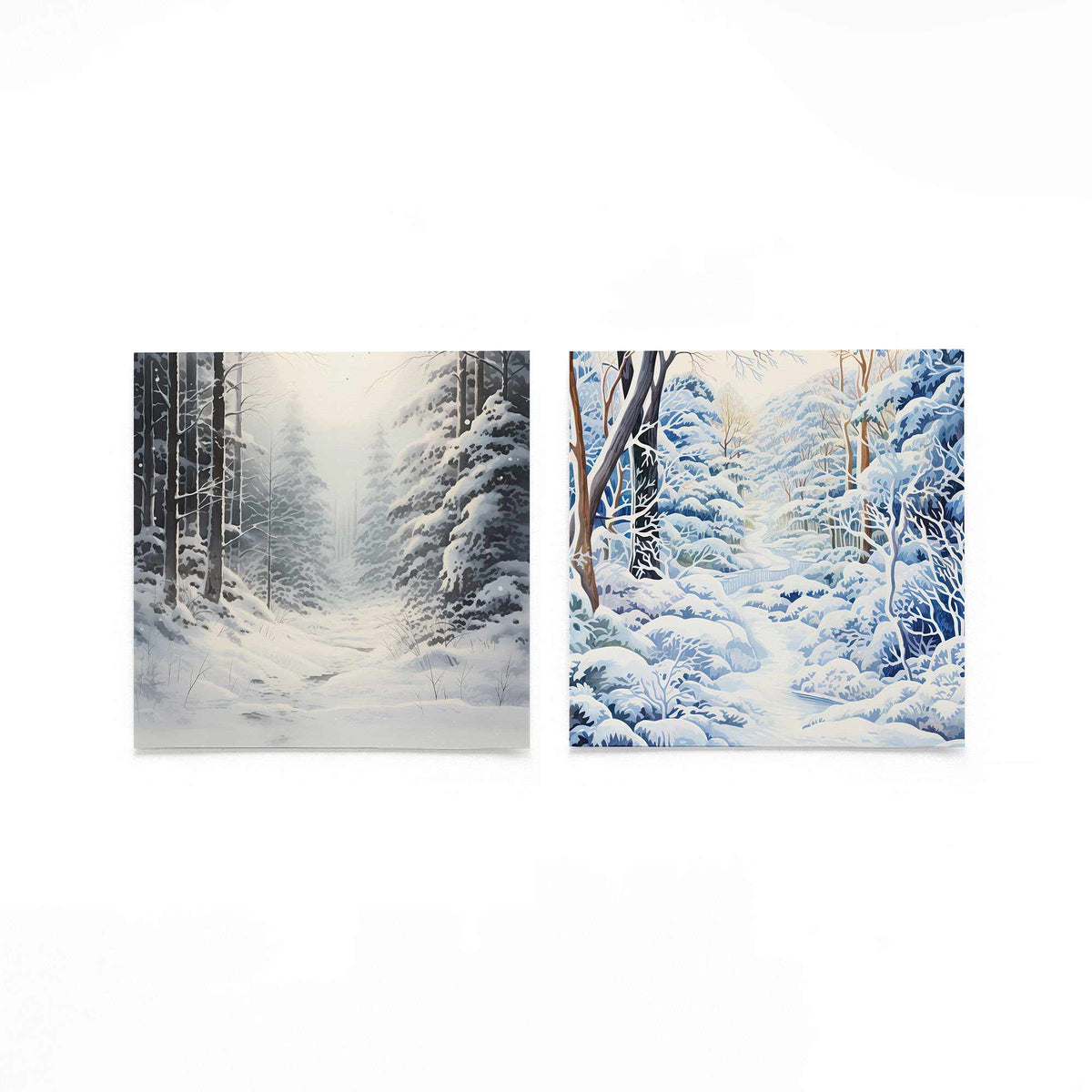 Twee vierkante posters met besneeuwd bos op een gebroken witte achtergrond
