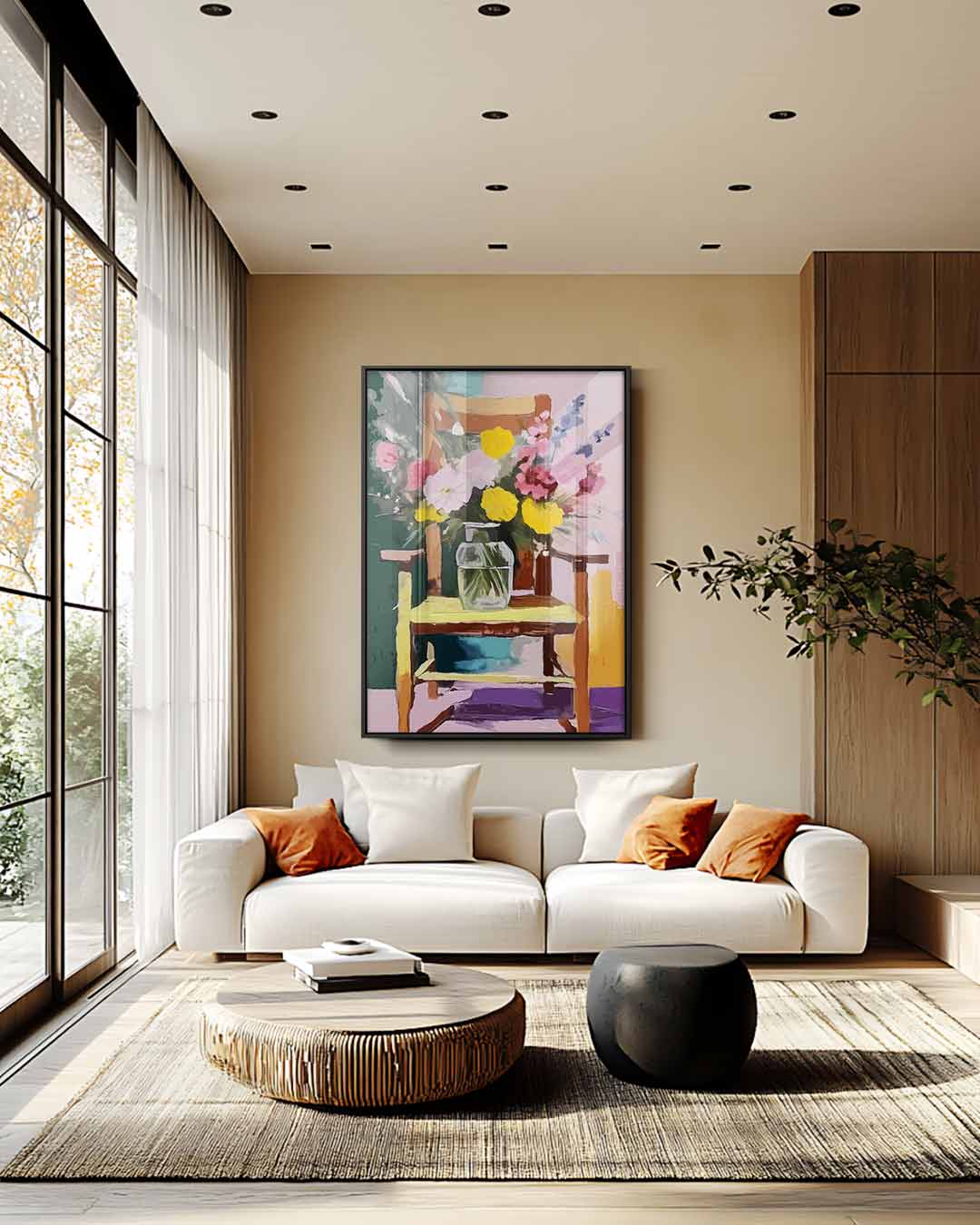 Zomerbloemen op Stoel Kunstwerk-canvas-dibond-plexiglas-wanddecoratie-WallArtistic