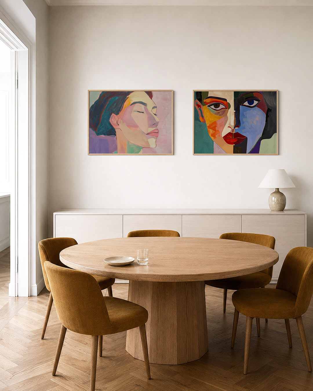 Interieurpresentatie van twee posters met een gezicht in zijaanzicht, opgebouwd uit zachte kleurvlakken