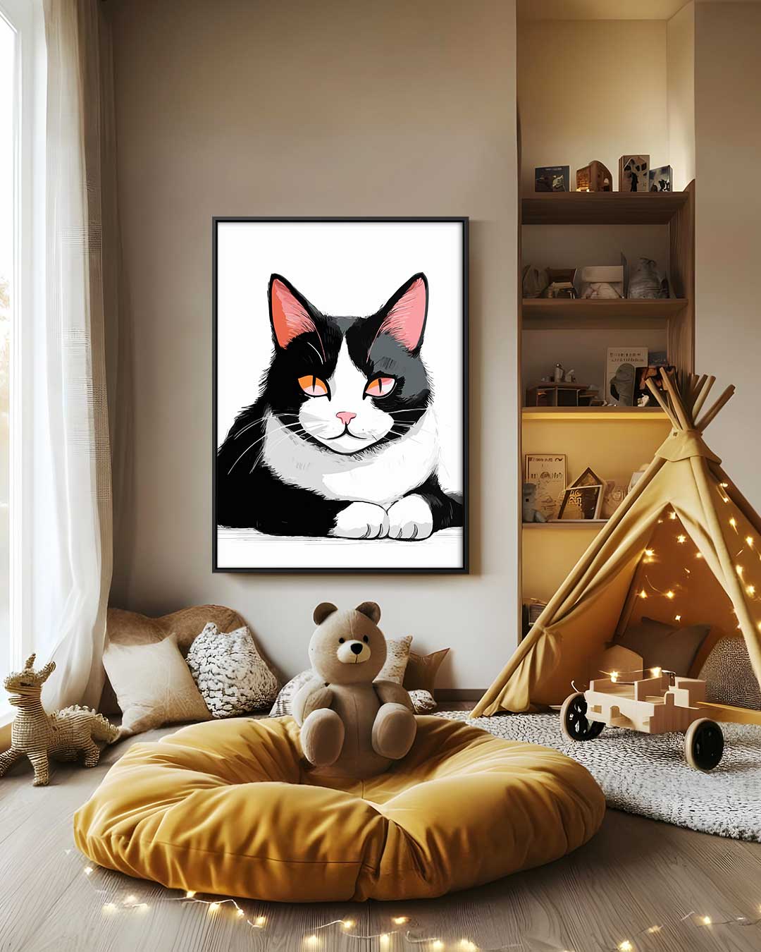 Relaxte Kat in Stijlvolle Zwart-Wit Illustratie Kunstwerk-canvas-dibond-plexiglas-wanddecoratie-WallArtistic