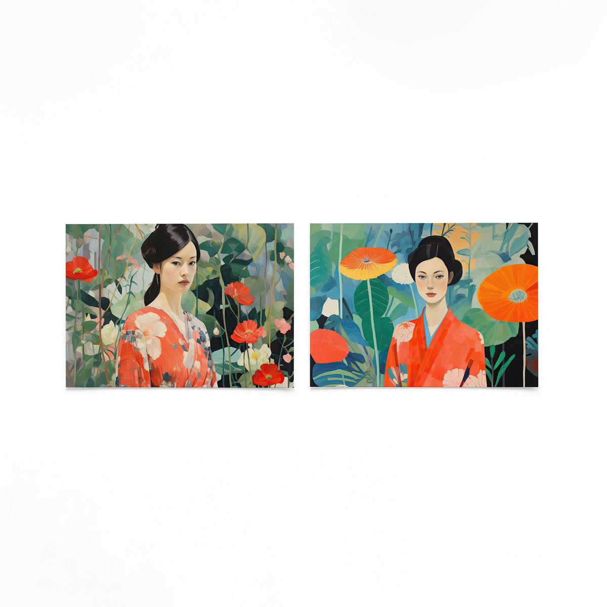Twee liggende posters met deze posterset in twee delen combineert een vrouw op een gebroken witte achtergrond