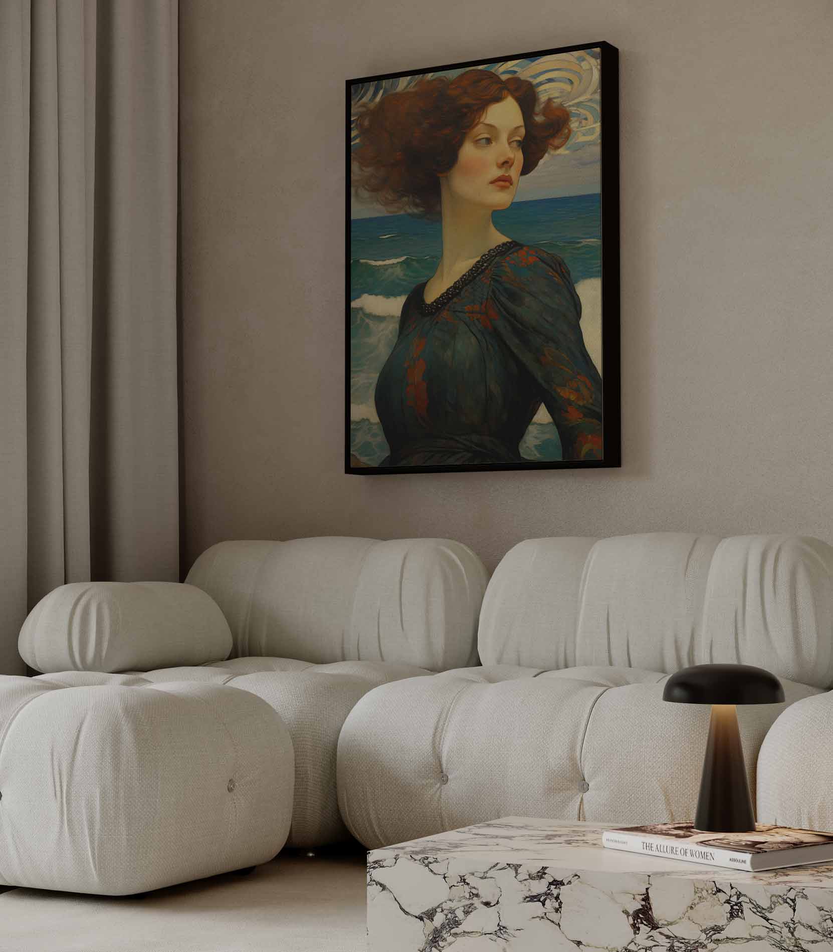 Dromerige dame aan zee Kunstwerk-canvas-dibond-plexiglas-wanddecoratie-WallArtistic