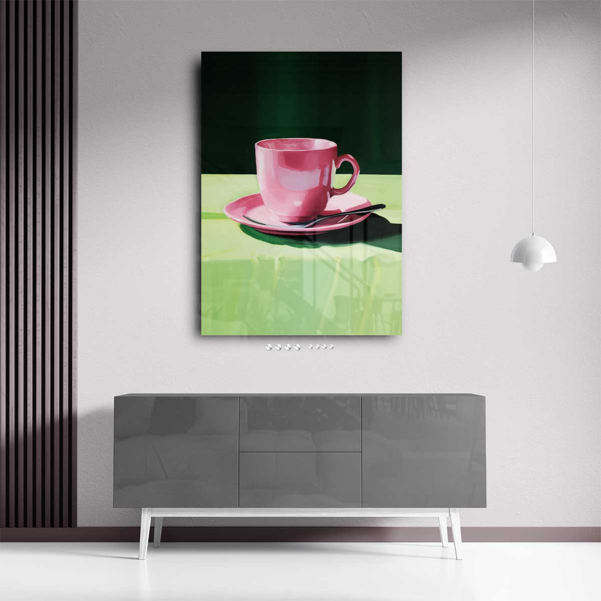 Roze Kopje op Groen Tafellaken Kunstwerk-canvas-dibond-plexiglas-wanddecoratie-WallArtistic
