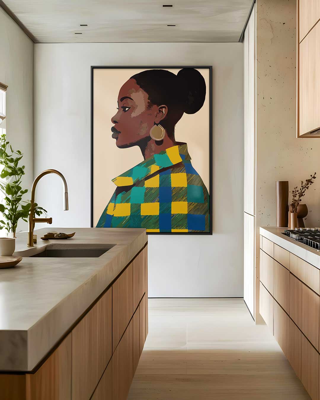 Vrouw in Vrolijk Patroon Kunstwerk-canvas-dibond-plexiglas-wanddecoratie-WallArtistic