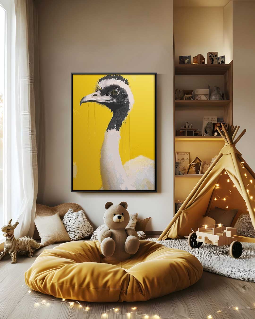Majestueuze Vogel op Geel Kunstwerk-canvas-dibond-plexiglas-wanddecoratie-WallArtistic