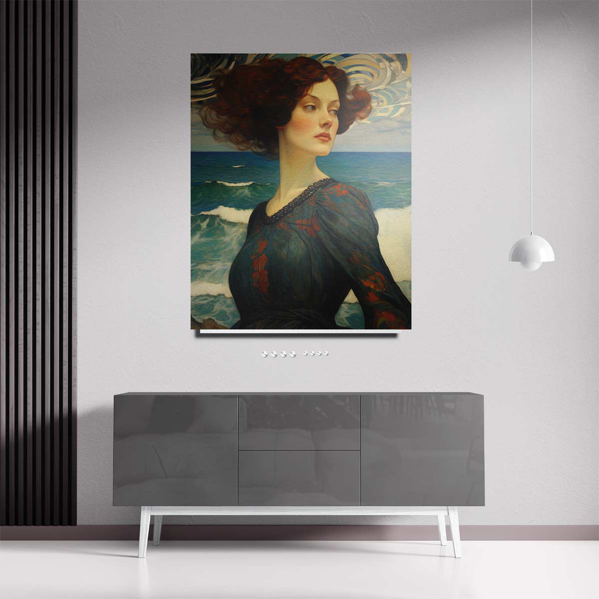 Dromerige dame aan zee Kunstwerk-canvas-dibond-plexiglas-wanddecoratie-WallArtistic
