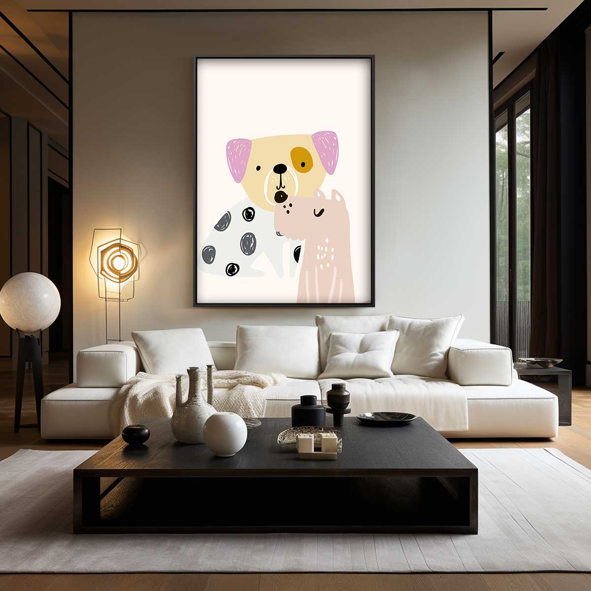 Vrolijke Honden Vriendjes Illustratie Kunstwerk-canvas-dibond-plexiglas-wanddecoratie-WallArtistic