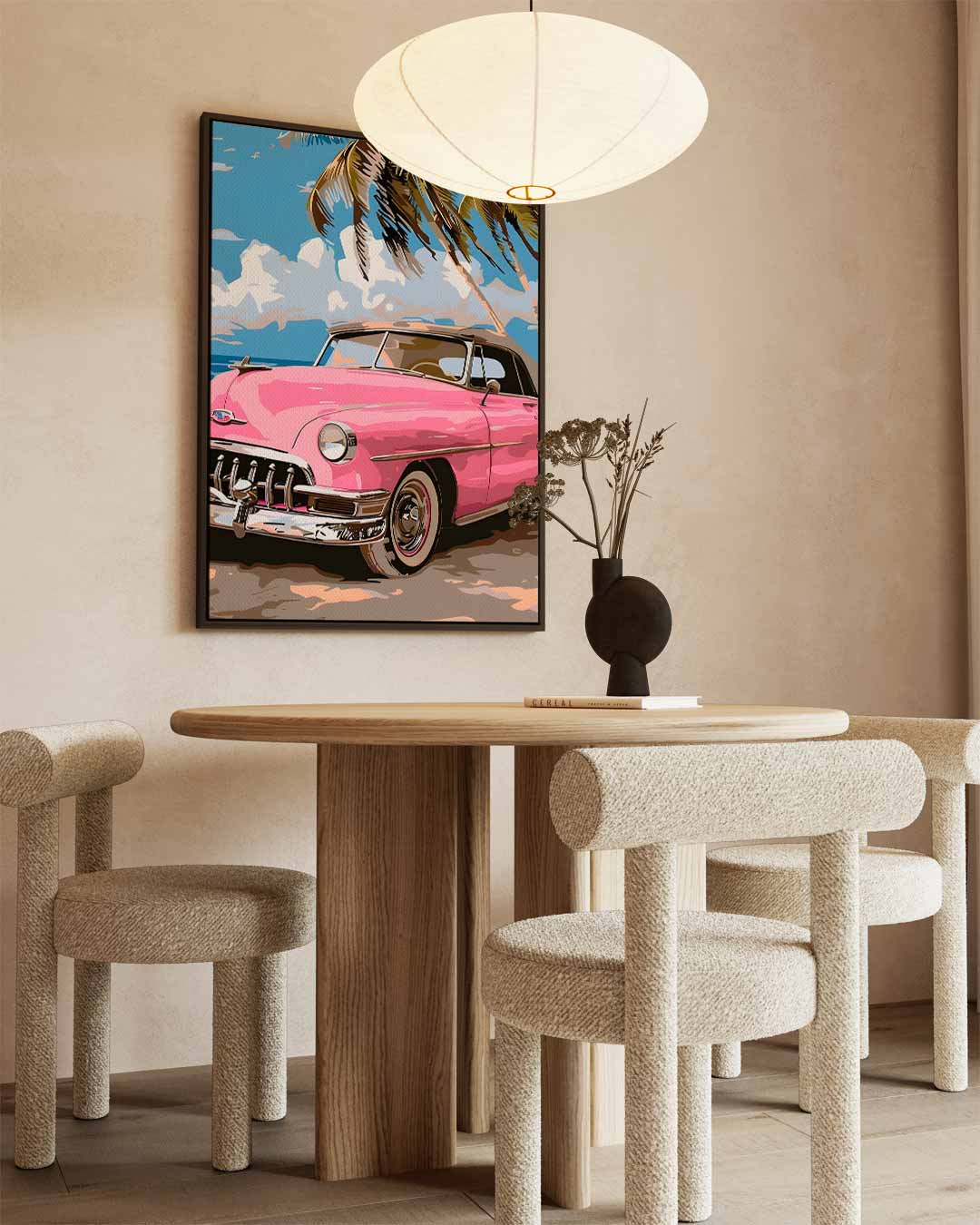 Roze Oldtimer aan het Strand Kunstwerk-canvas-dibond-plexiglas-wanddecoratie-WallArtistic