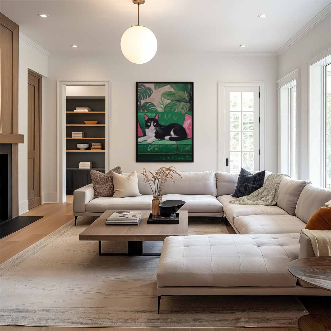 Tropische Kat op de Bank Kunstwerk-canvas-dibond-plexiglas-wanddecoratie-WallArtistic