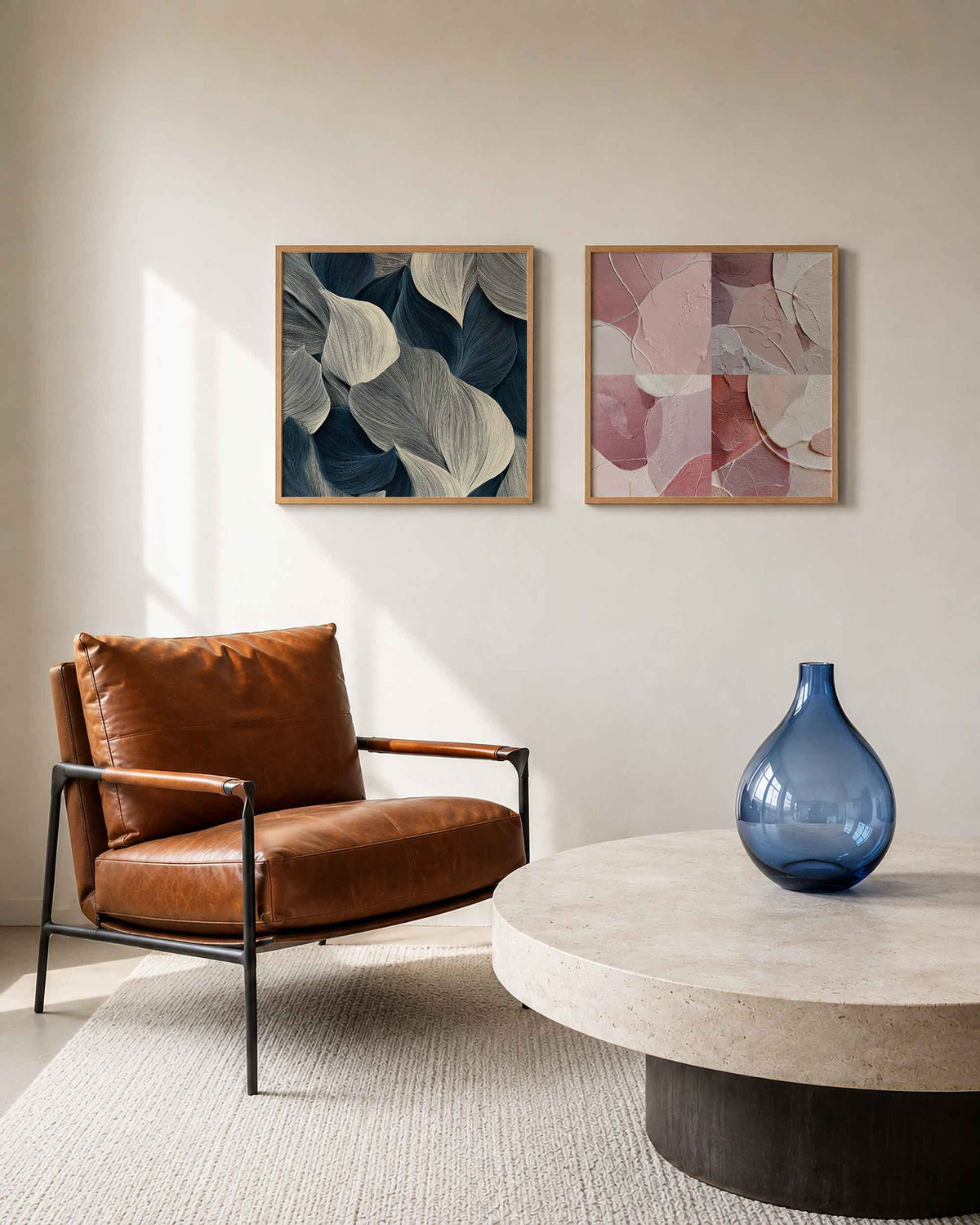 Interieurpresentatie van een tweedelige vierkante posterset met gestreepte vormen en roze verf