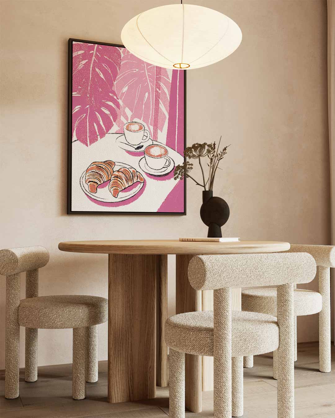 Koffie en Croissants in Roze Oase Kunstwerk-canvas-dibond-plexiglas-wanddecoratie-WallArtistic