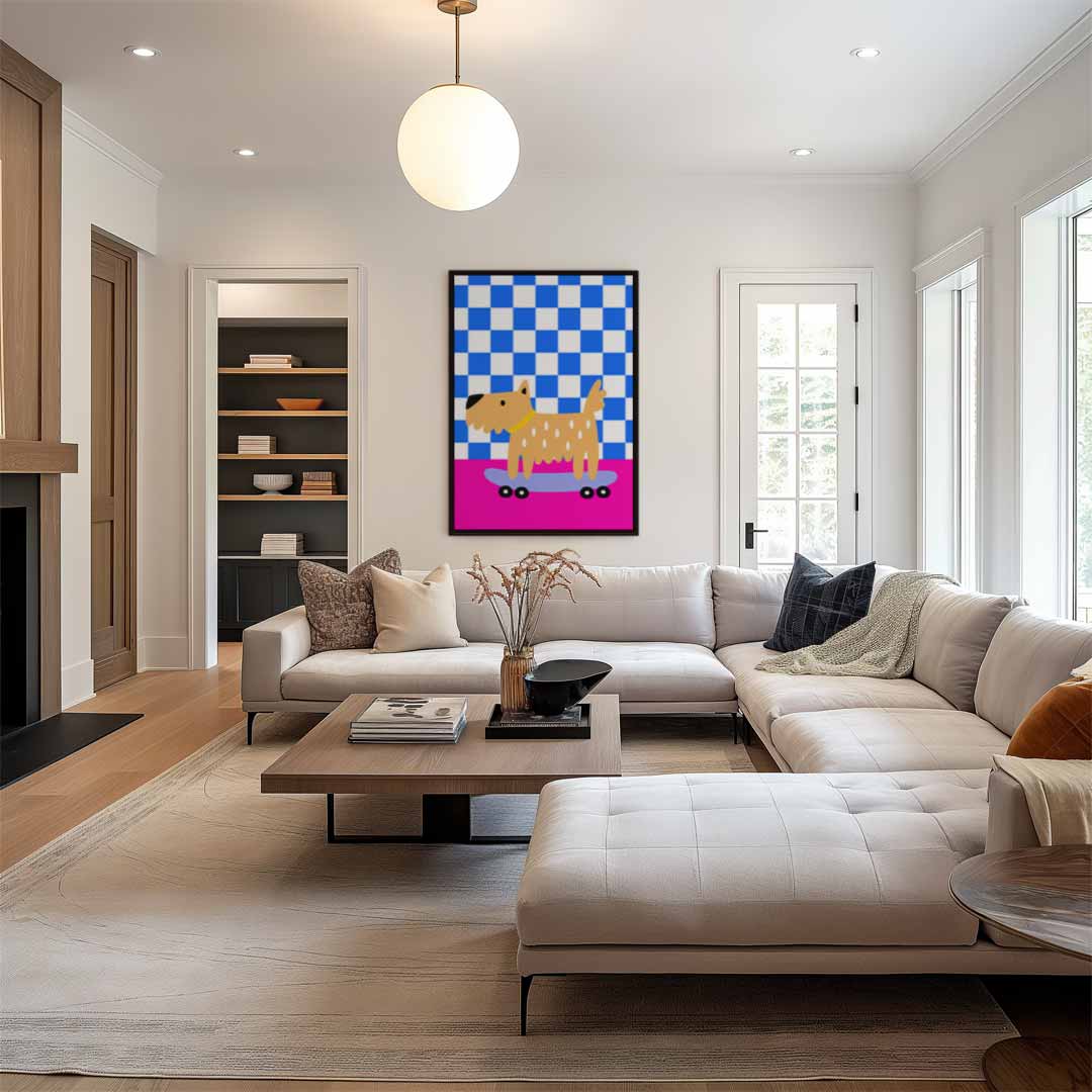 Hippe Hond op Skateboard Kunstwerk-canvas-dibond-plexiglas-wanddecoratie-WallArtistic