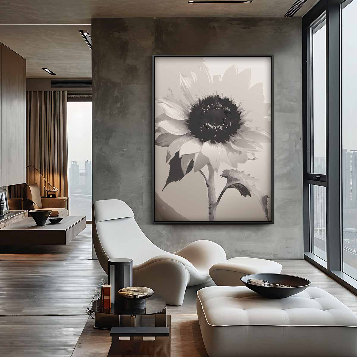 Zwart-wit Zonnebloem Print Kunstwerk-canvas-dibond-plexiglas-wanddecoratie-WallArtistic