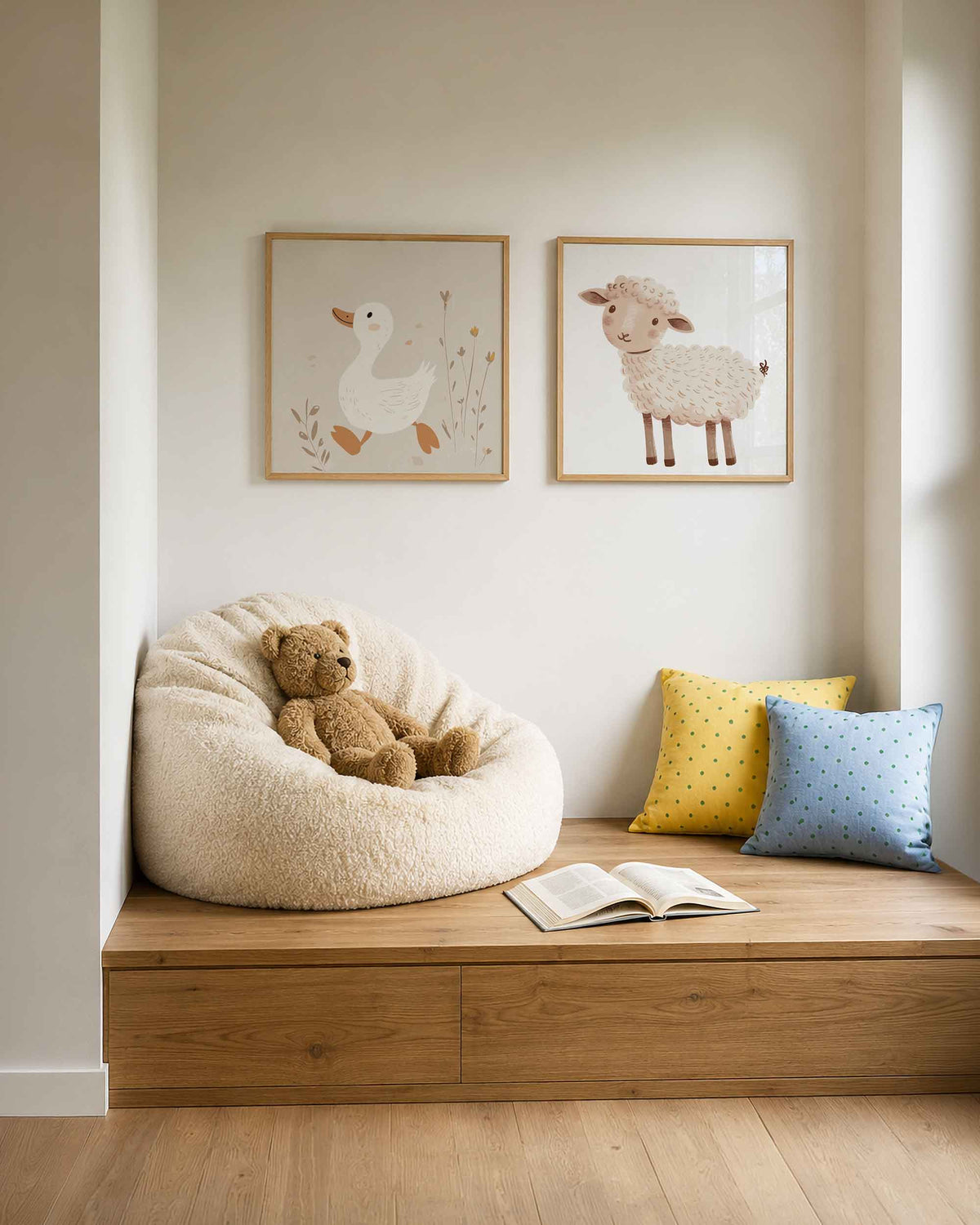 Interieurpresentatie van een tweedelige vierkante posterset met eend en schaap