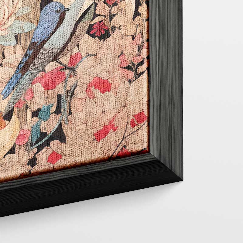 Vrolijke Bloemnatuur met Blauwe Vogel Kunstwerk-canvas-dibond-plexiglas-wanddecoratie-WallArtistic