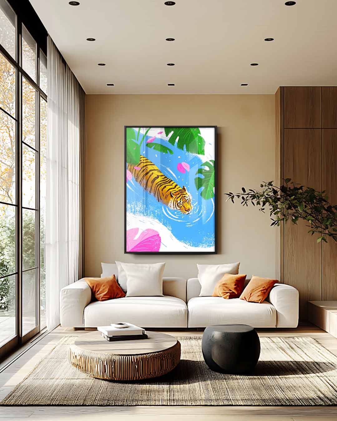 Zwemmende Tijger in Tropisch Water Kunstwerk-canvas-dibond-plexiglas-wanddecoratie-WallArtistic