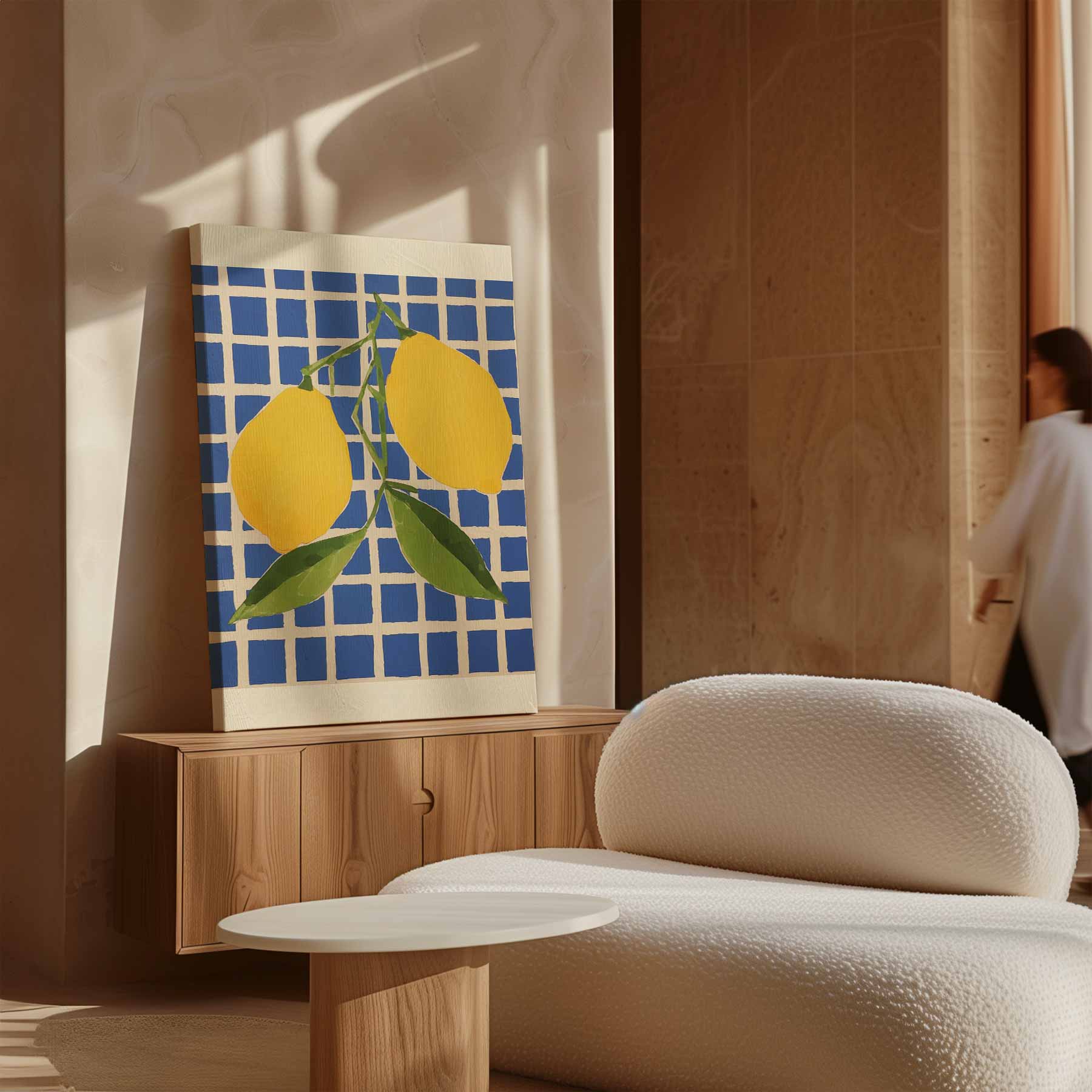 Citroenen op Blauw Geruit Kunstwerk-canvas-dibond-plexiglas-wanddecoratie-WallArtistic