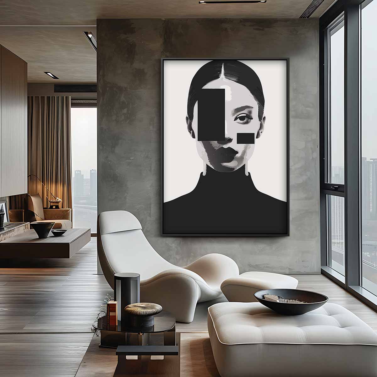 Geometrisch Portret in Zwart-Wit Kunstwerk-canvas-dibond-plexiglas-wanddecoratie-WallArtistic