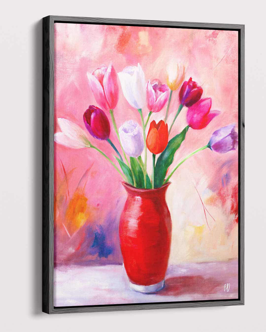 Kleurrijke Tulpen in Rode Vaas Kunstwerk-canvas-dibond-plexiglas-wanddecoratie-WallArtistic