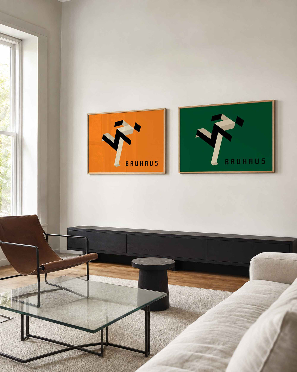Interieurmockup van tweedelige landscape-posterset met zigzaggende lintvormen
