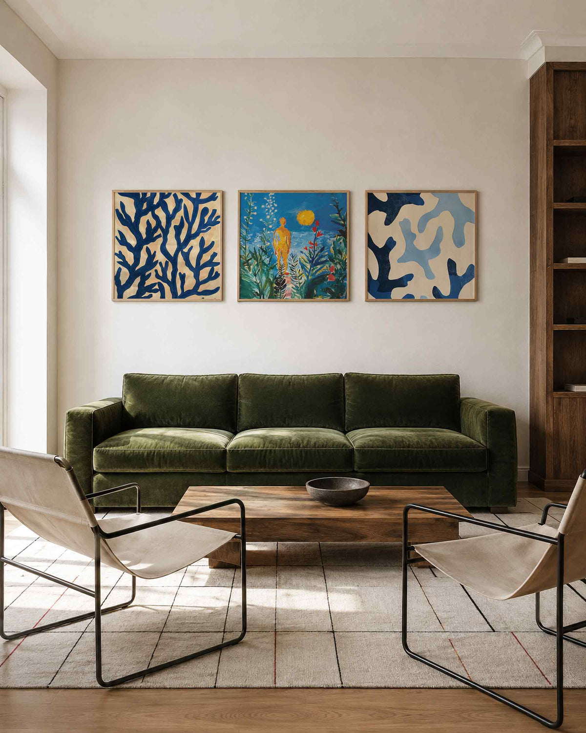Interieurpresentatie van een driedelige vierkante posterset met abstracte blauwe patronen