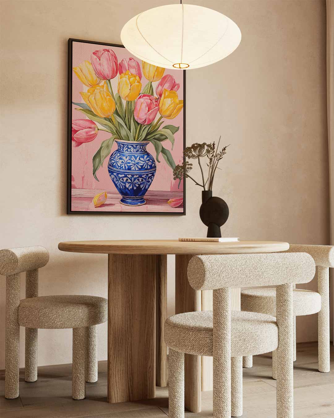 Stralende Tulpen in Blauwe Vaas Kunstwerk-canvas-dibond-plexiglas-wanddecoratie-WallArtistic