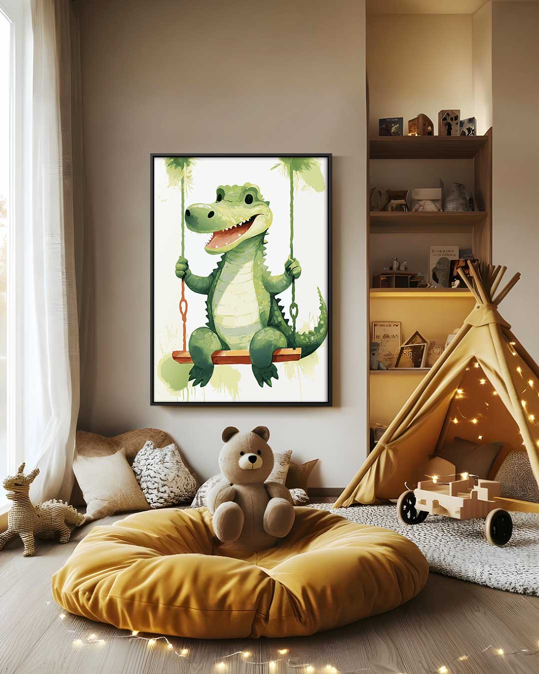 Vrolijke Krokodil op de Schommel Kunstwerk-canvas-dibond-plexiglas-wanddecoratie-WallArtistic
