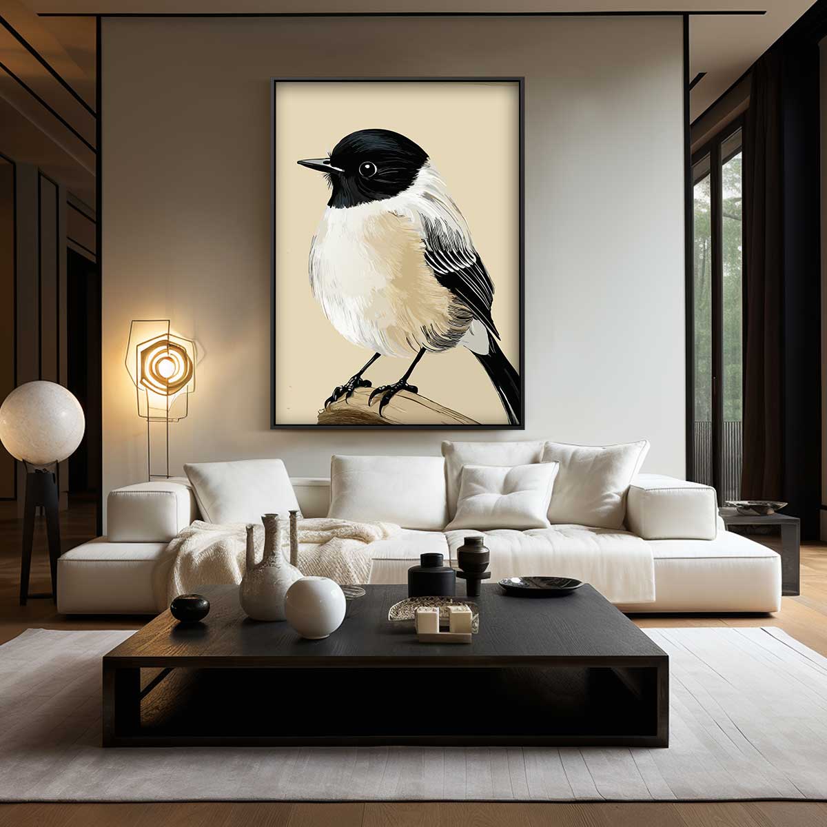 Schattige Vogeltekening op Tak Kunstwerk-canvas-dibond-plexiglas-wanddecoratie-WallArtistic