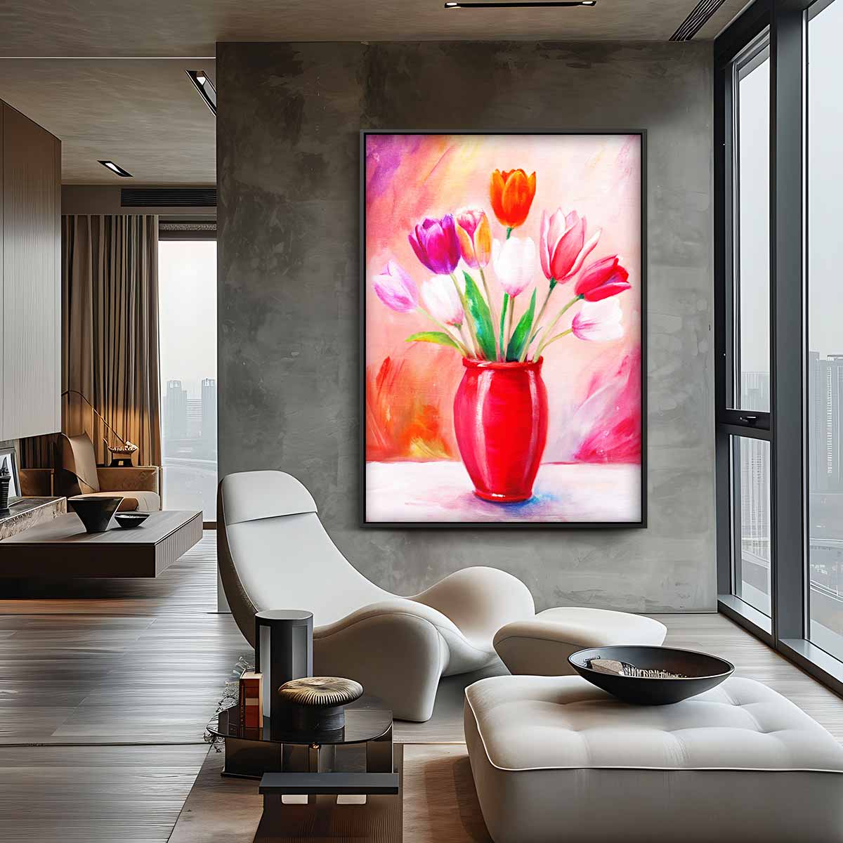 Vrolijke Tulpen in Rode Vaas Kunstwerk-canvas-dibond-plexiglas-wanddecoratie-WallArtistic