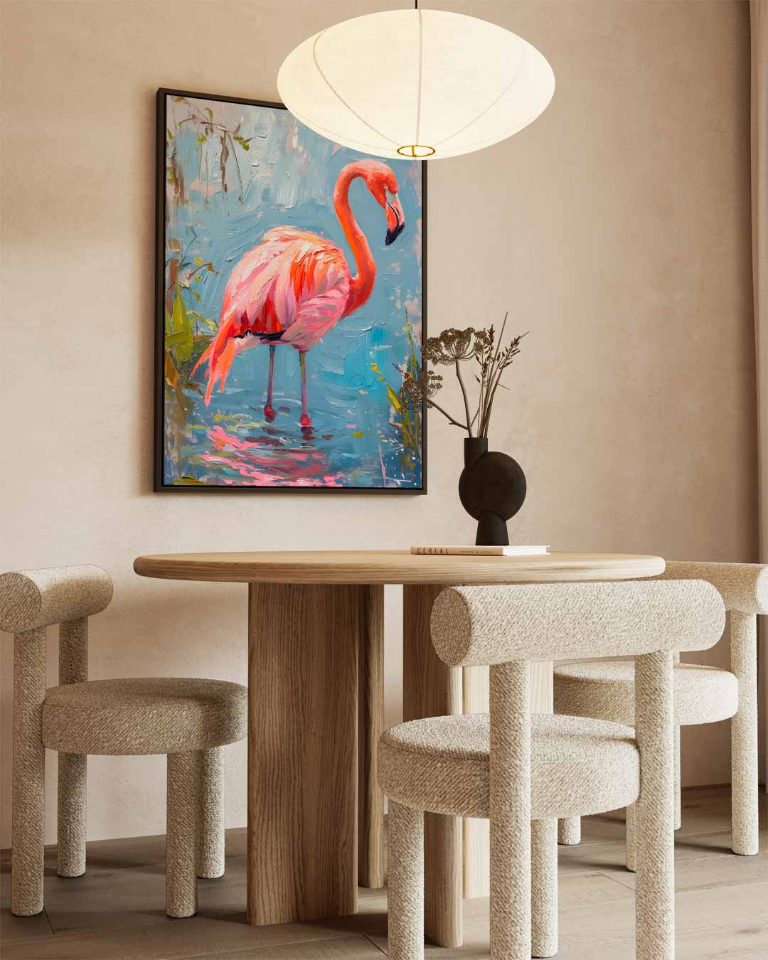 Flamingo op Blauw Canvas Kunstwerk-canvas-dibond-plexiglas-wanddecoratie-WallArtistic