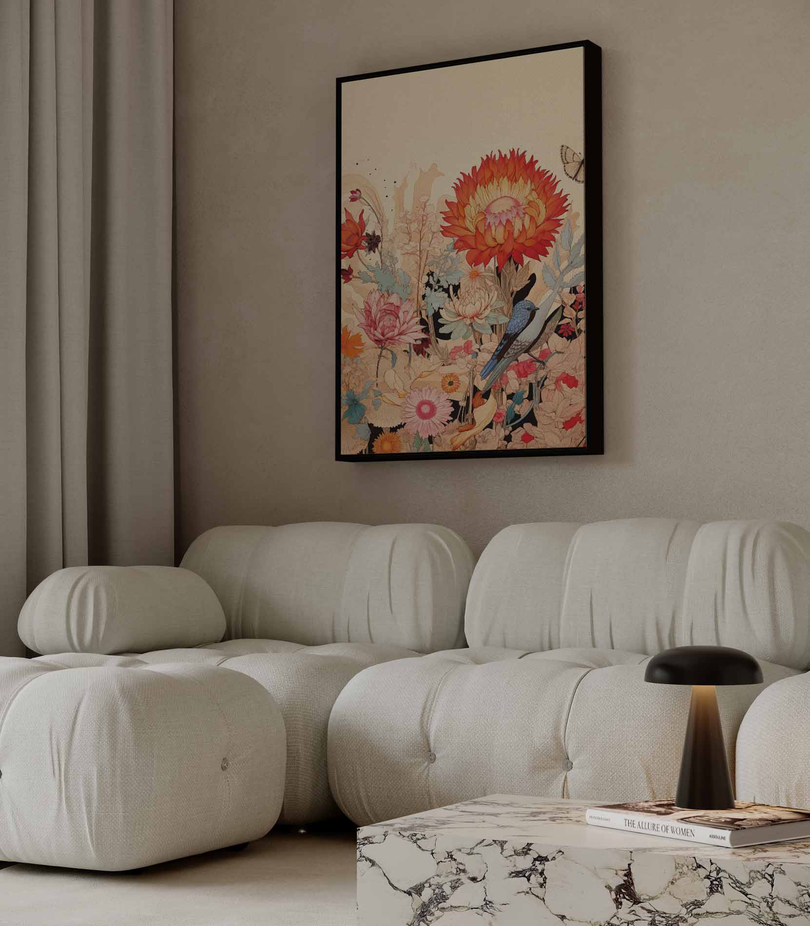 Vrolijke Bloemnatuur met Blauwe Vogel Kunstwerk-canvas-dibond-plexiglas-wanddecoratie-WallArtistic