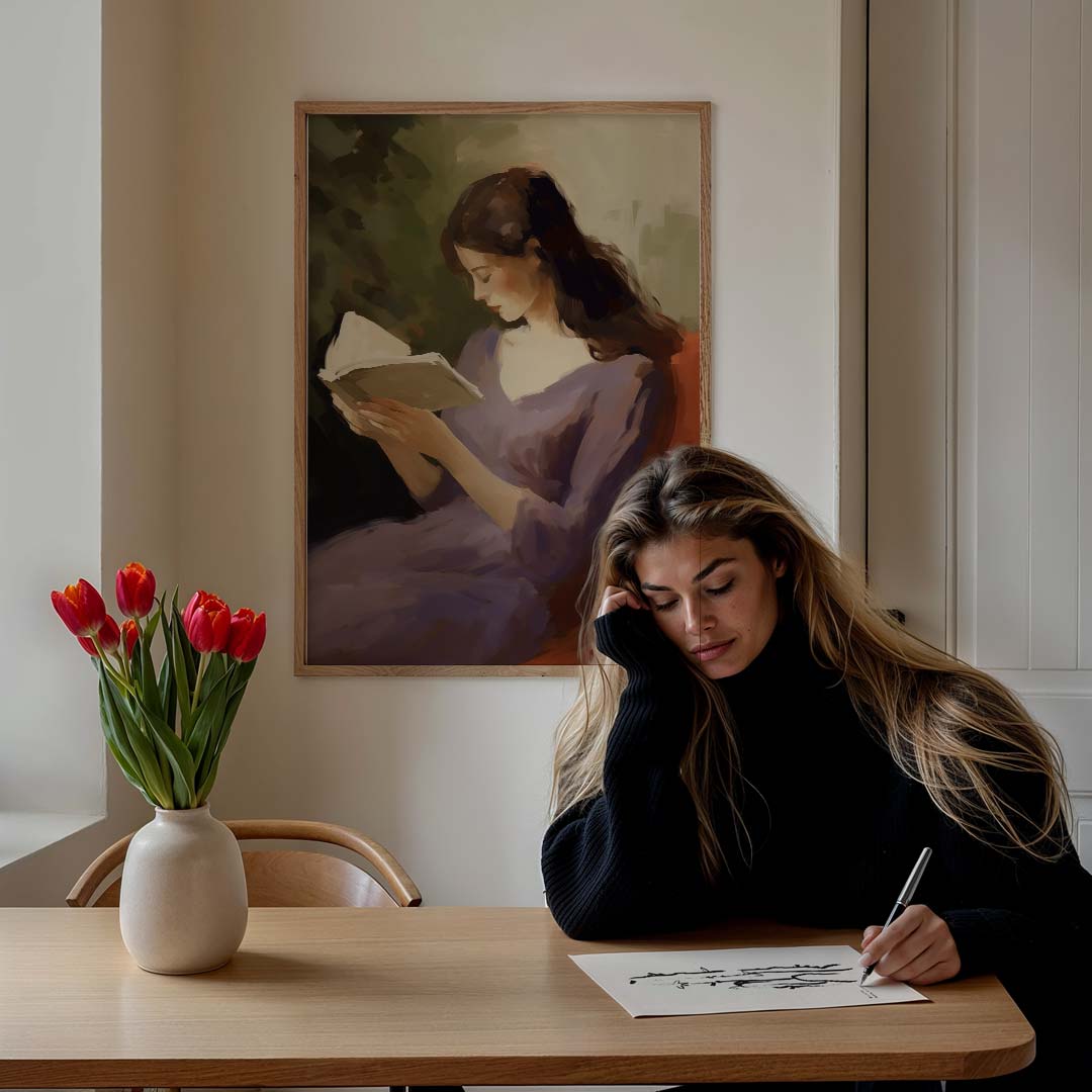 Dromerige Lezeres Met Boek Poster-WallArtistic