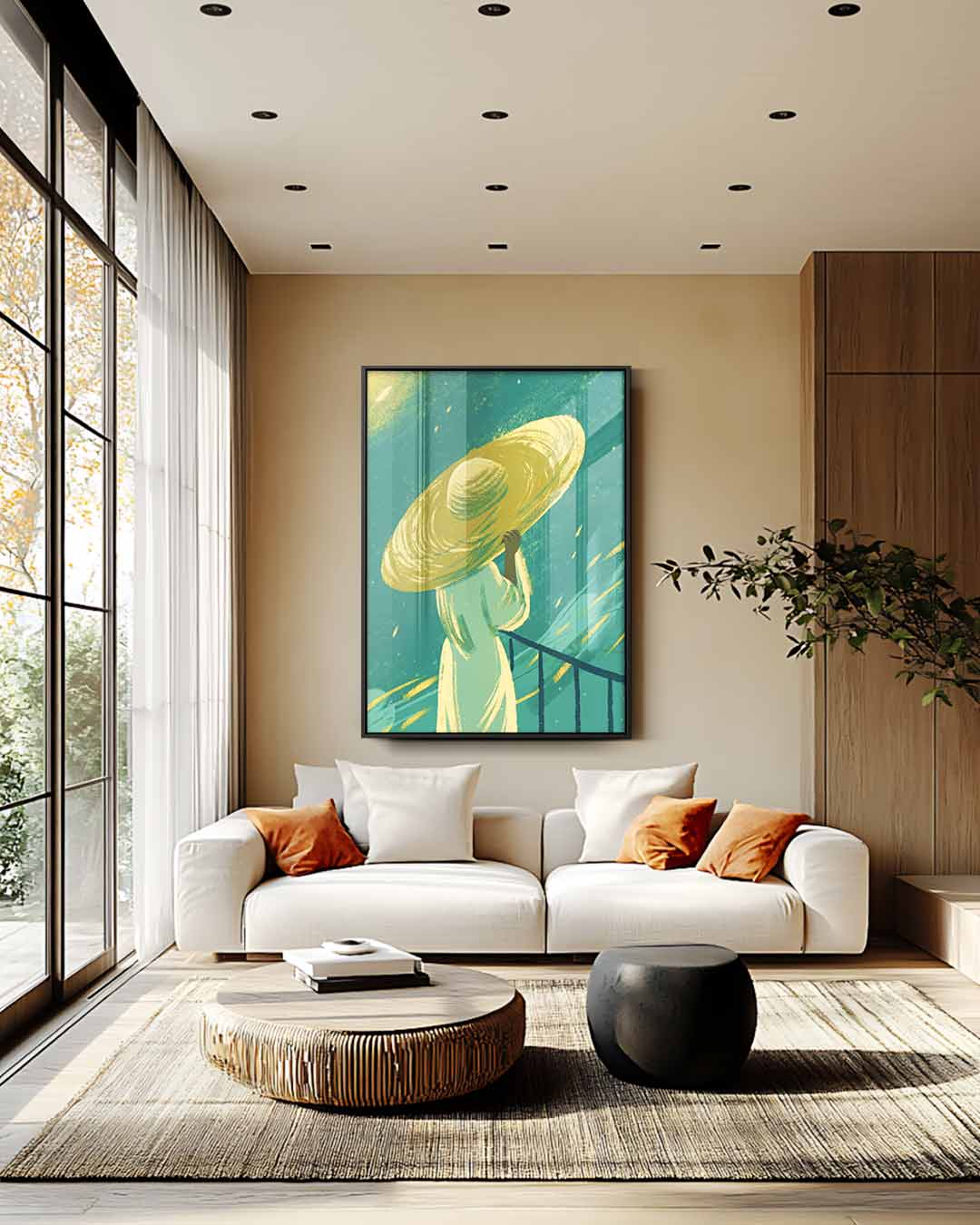 Vrouw met Gele Hoed in de Wind Kunstwerk-canvas-dibond-plexiglas-wanddecoratie-WallArtistic