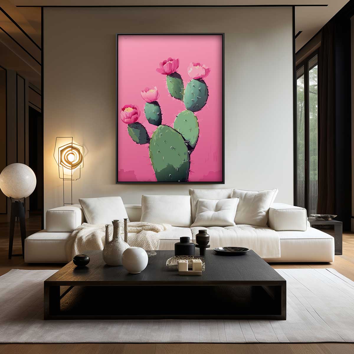 Bloeiende Cactus op Roze Kunstwerk-canvas-dibond-plexiglas-wanddecoratie-WallArtistic
