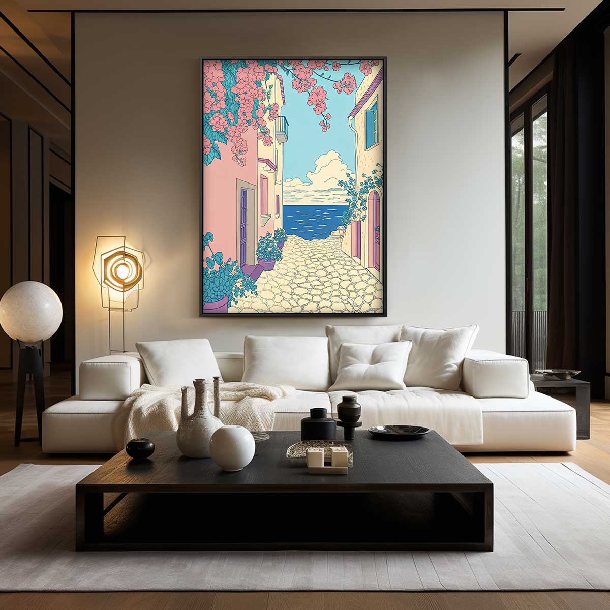 Zomerse Straat aan Zee Kunstwerk-canvas-dibond-plexiglas-wanddecoratie-WallArtistic
