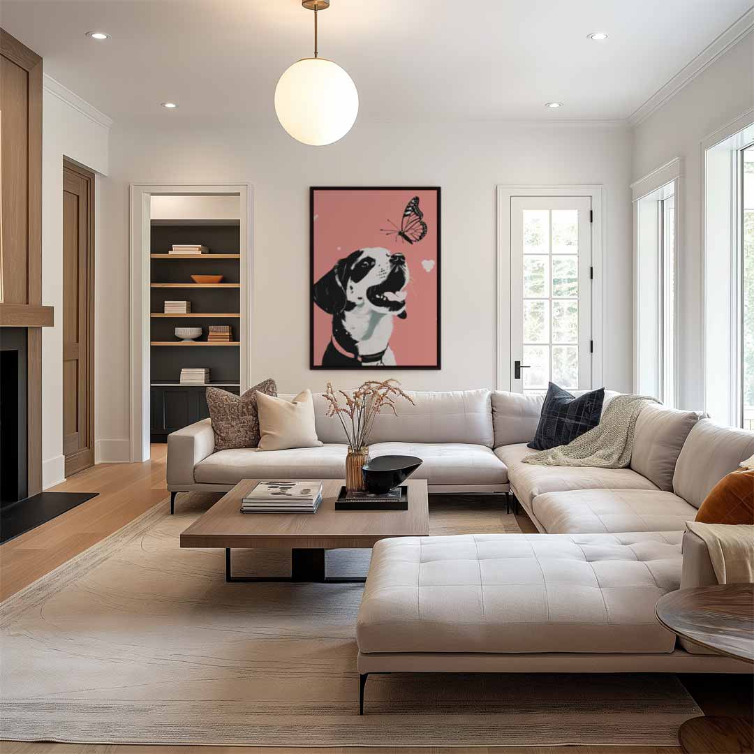 Vrolijke Puppy Met Vlinder Kunstwerk-canvas-dibond-plexiglas-wanddecoratie-WallArtistic