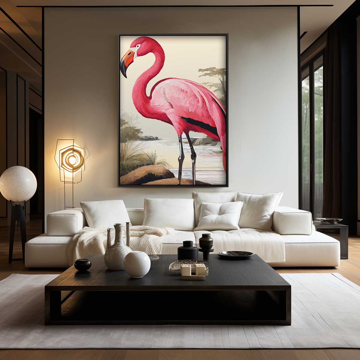 Elegante Flamingo bij Zonsondergang Kunstwerk-canvas-dibond-plexiglas-wanddecoratie-WallArtistic
