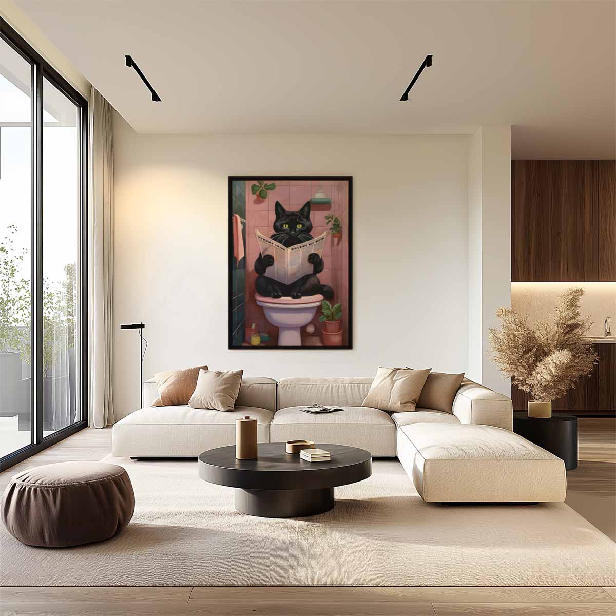 Kat Met Krant in de Badkamer Kunstwerk-canvas-dibond-plexiglas-wanddecoratie-WallArtistic