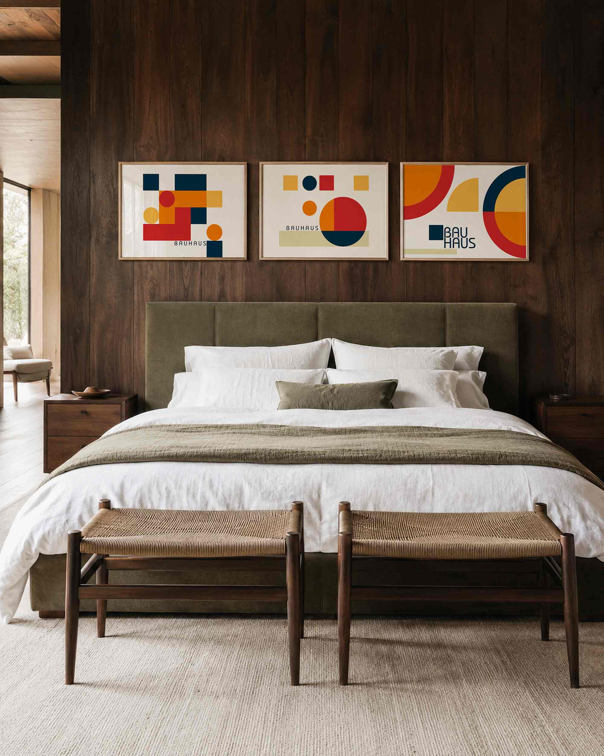 Interieurmockup van drieluik landscape-posterset met cirkels en kleurvlakken
